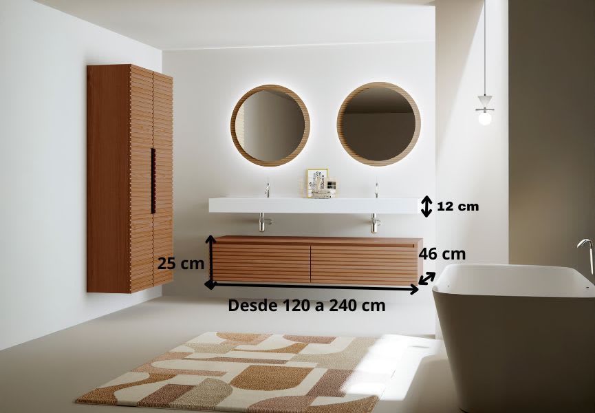 Conjunto de mueble de baño con doble lavabo solid surface y cajonera Alpes 4 Bruntec croquis 7
