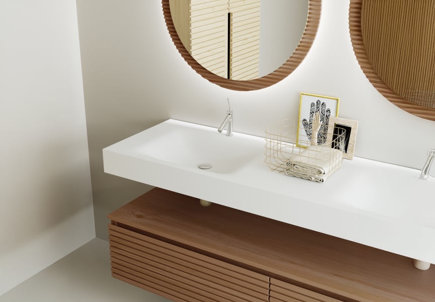 Conjunto de mueble de baño con doble lavabo solid surface y cajonera Alpes 4 Bruntec detalle 3