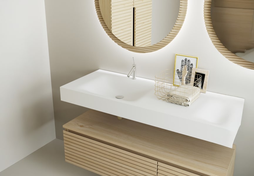 Conjunto de mueble de baño con doble lavabo solid surface y cajonera Alpes 4 Bruntec detalle 2