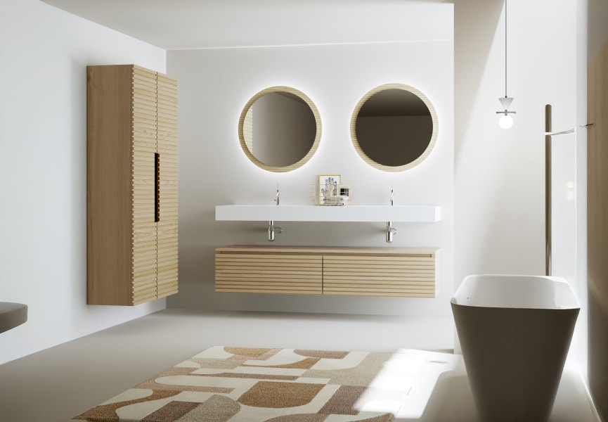 Conjunto de mueble de baño con doble lavabo solid surface y cajonera Alpes 4 Bruntec ambiente 6