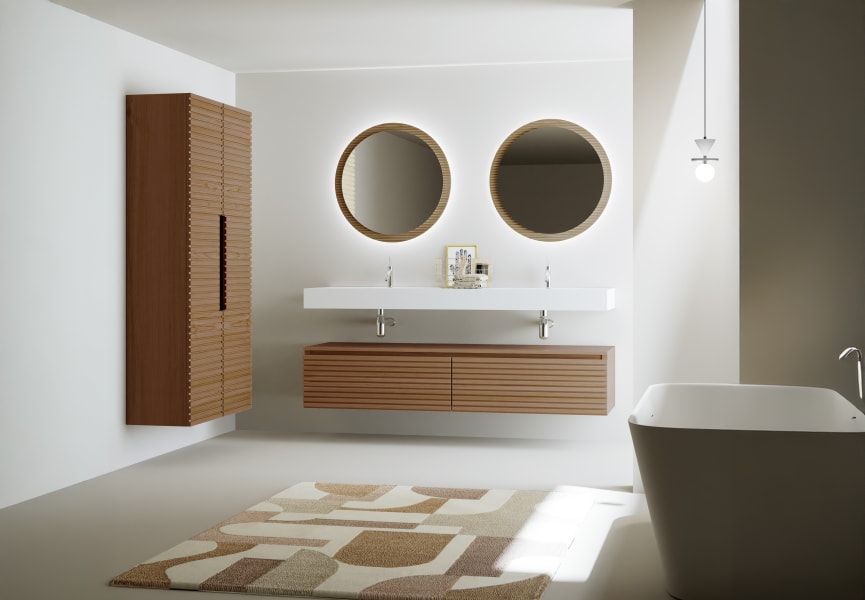Conjunto de mueble de baño con doble lavabo solid surface y cajonera Alpes 4 Bruntec ambiente 5
