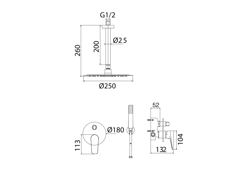 Conjunto de ducha empotrado Bélgica Imex croquis 4