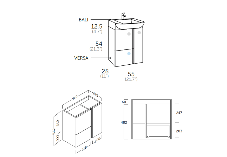 Versa 55 Mueble de Baño Suspendido a Pared Fondo Reducido | 1 cajón 2  Puertas con Lavabo Cerámico | 55cm