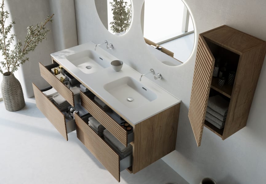 Conjunto de mueble de baño madera maciza ranurada Alpes 7 Bruntec detalle 2