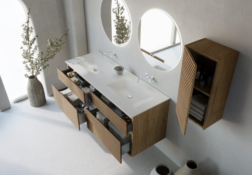 Conjunto de mueble de baño madera maciza palilleria Alpes 7 Bruntec detalle 2