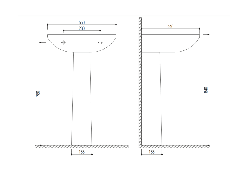 Lavabo con pedestal Strohm Teka Manacor croquis 2