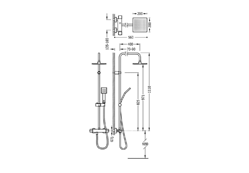 Conjunto de ducha Eco Flat Cuadrado Tres croquis 1