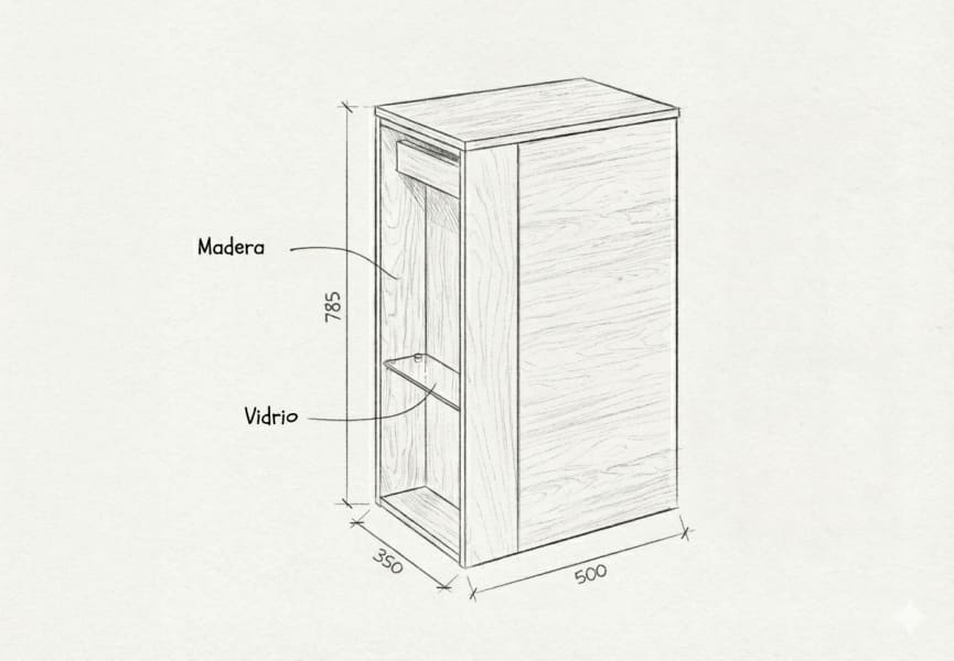 Mueble de baño Bassi Royo con encimera de madera a juego fondo reducido croquis 22