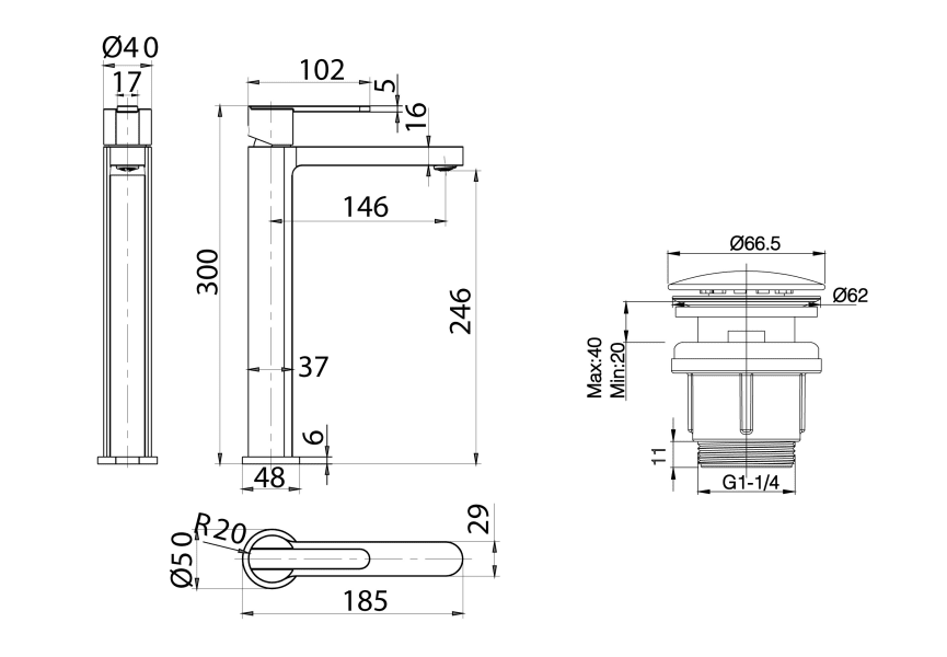 Pack Grifo de lavabo caño alto Roma Imex + Válvula click-clack croquis 7