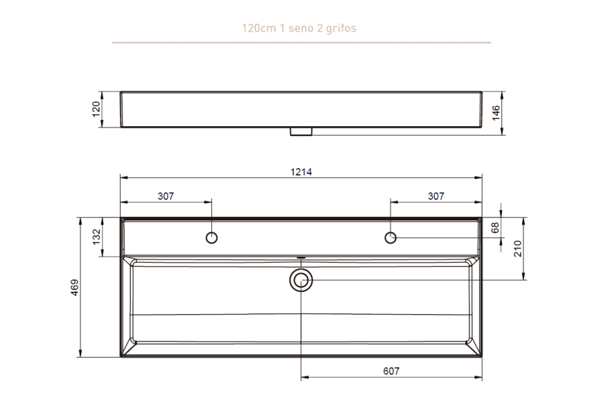 Lavabo encastrado para dos grifos de un seno 12 cm alto Lila Visobath croquis 3