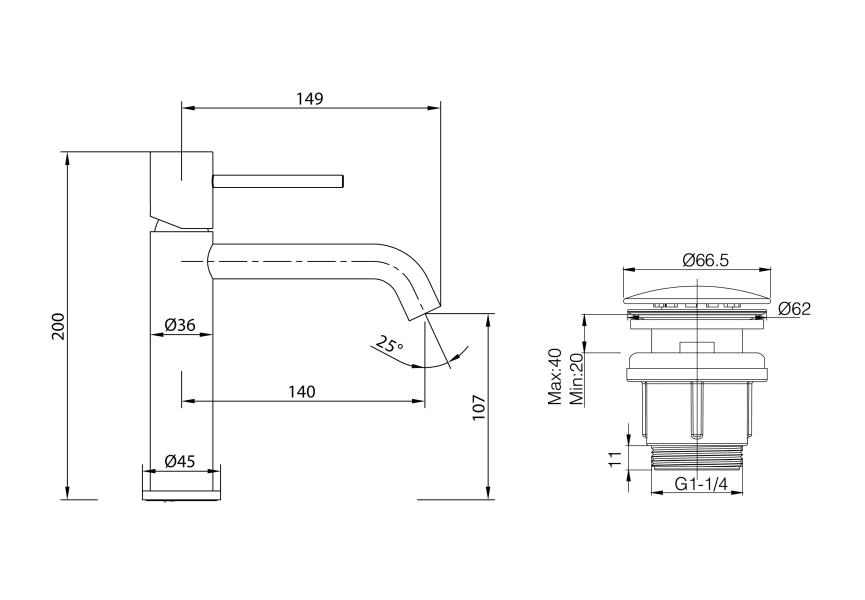 Pack Grifo de lavabo Monza + Válvula click-clack de Imex croquis 5