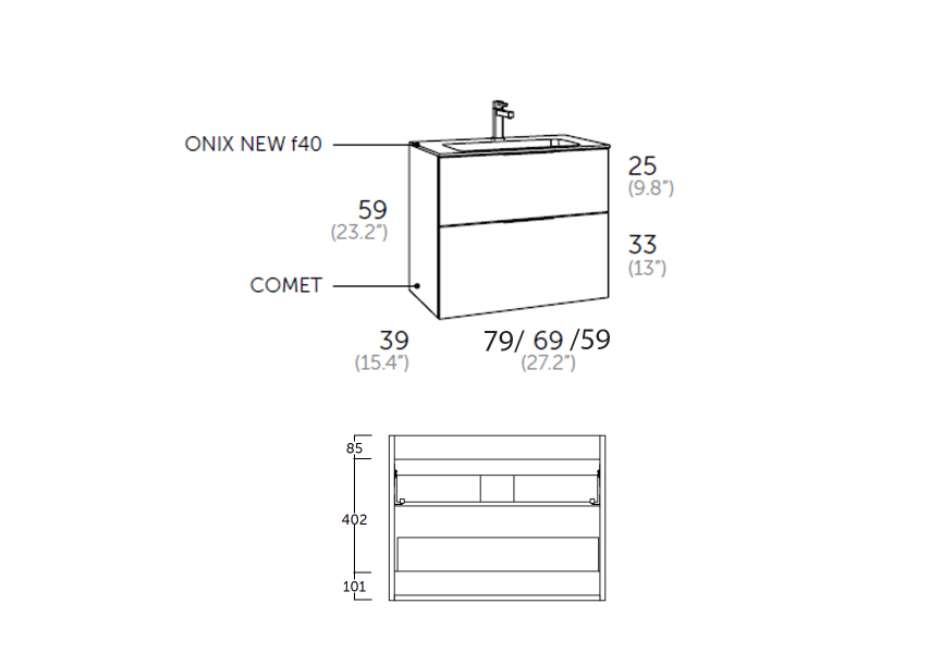 Conjunto mueble de baño fondo reducido 41cm Comet tirador dorado Coycama croquis 4