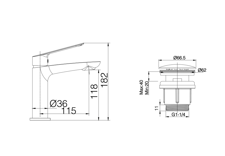 Pack Grifo de lavabo Lúxor Imex + Válvula click-clack croquis 3