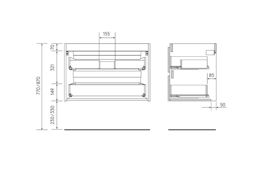 Conjunto mueble de baño con lavabo sobre encimera Born Salgar croquis 8