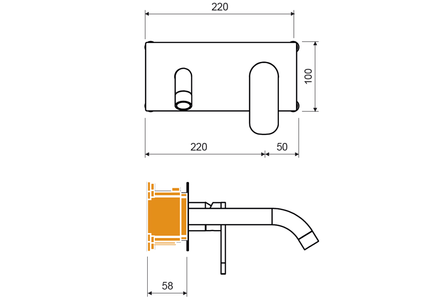 Grifo de lavabo empotrado Jamaica Lluvibath croquis 2