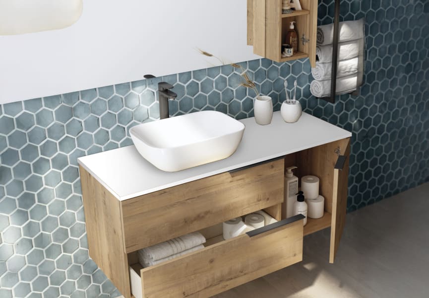 Mueble de baño con encimera de Solid Surface Coban Bruntec detalle 2