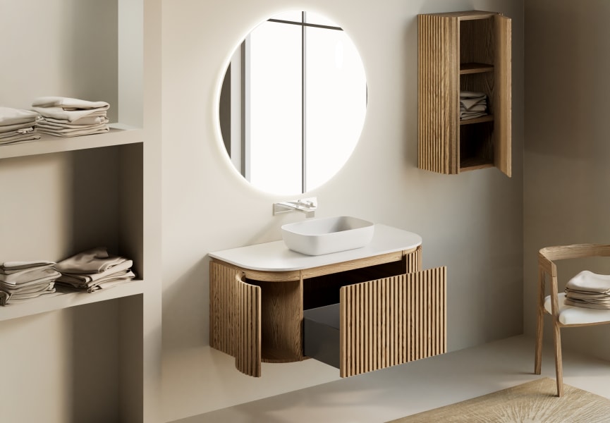 Mueble de baño madera varias medidas maciza de fresno con encimera Solid Surface Neo Curve Bruntec detalle 2