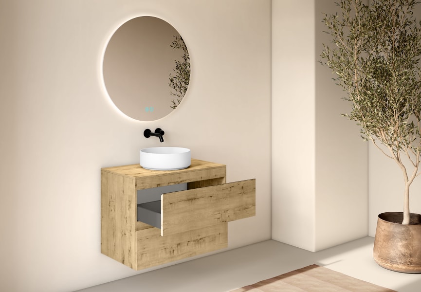 Mueble de baño fondo reducido 39 cm con encimera de madera Roma Bruntec detalle 7