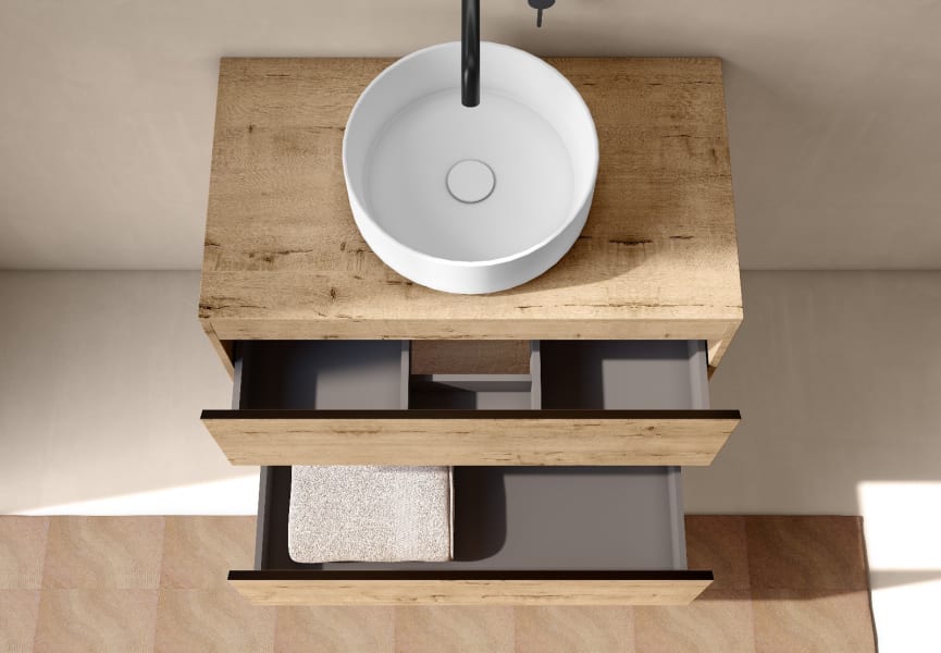 Mueble de baño fondo reducido 39 cm con encimera de madera Roma Bruntec detalle 9