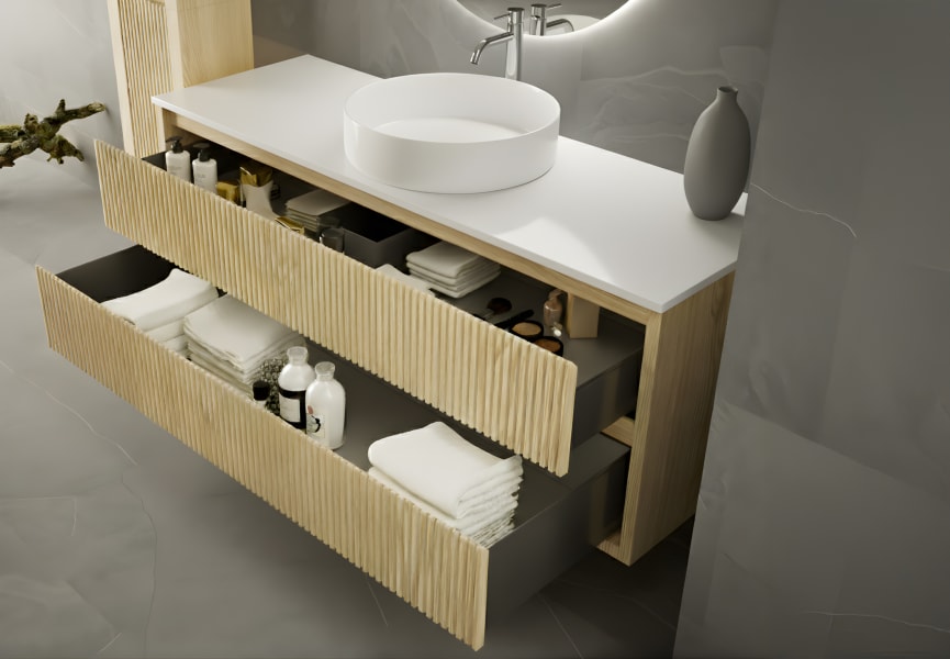 Mueble de baño madera maciza con encimera solid surface Alpes 19 Bruntec detalle 2