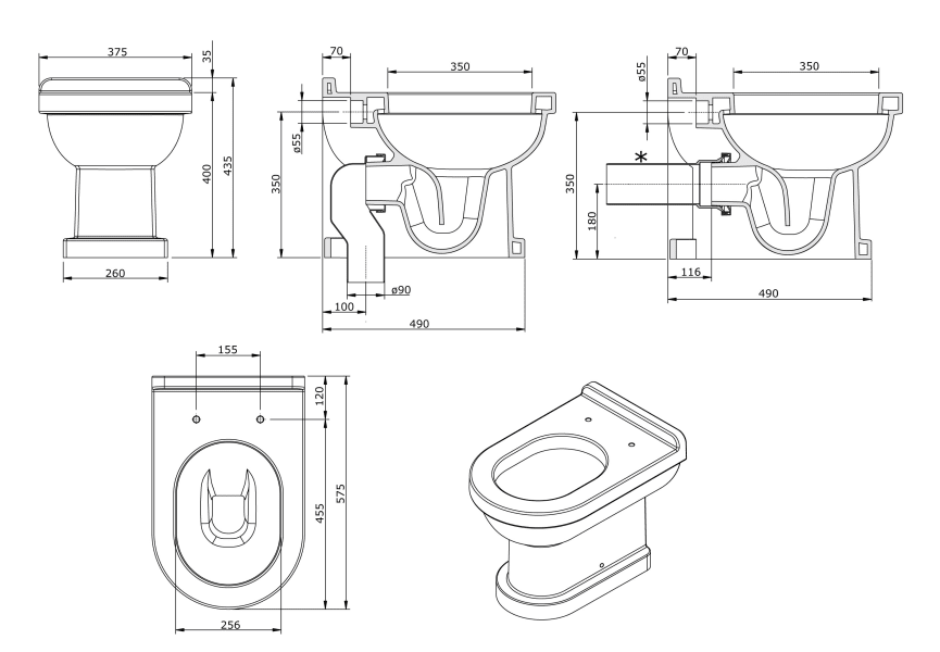 Pack inodoro + cisterna empotrada Vintage Unisan Sanindusa croquis 4