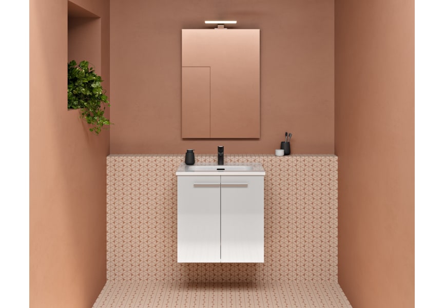 Pack muebles Baño Blanco Brillo (Mueble lavabo + armario alto + espejo +  lavamanos cerámico), Conjunto