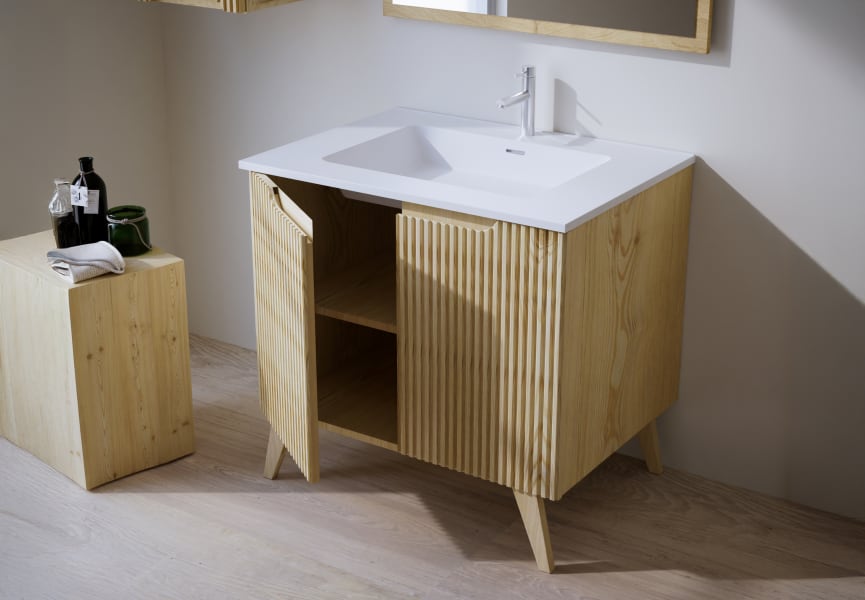 Conjunto de mueble de baño de madera maciza Alpes 14 Bruntec detalle 2