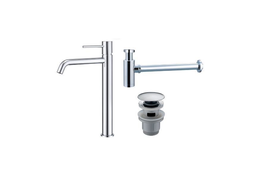 Pack Grifo de lavabo caño alto Monza Imex + Válvula click-clack + Sifón visto redondo principal 0