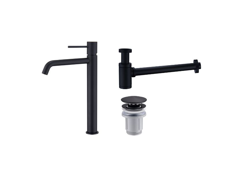 Pack Grifo de lavabo caño alto Monza Imex + Válvula click-clack + Sifón visto redondo principal 1