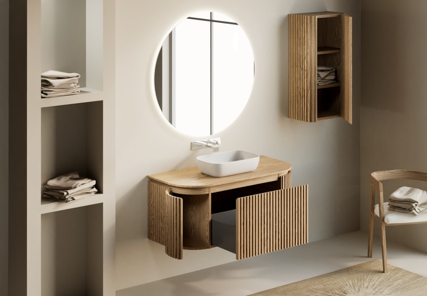 Mueble de baño madera maciza de fresno con encimera de madera Neo Curve Bruntec detalle 1