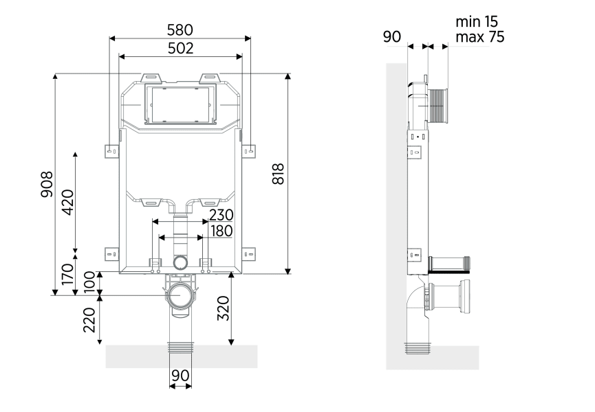 Pack Inodoro + cisterna empotrada + pulsador Square Bruntec croquis 7