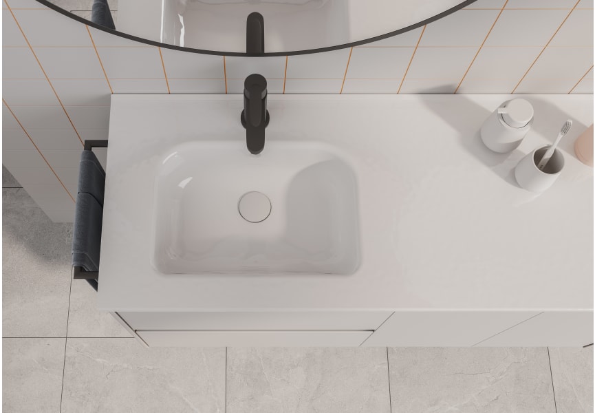 Conjunto con mueble de baño ZEUS 90cm con lavabo con seno desplazado a  izquierda y espejo retroiluminado redondo 3p