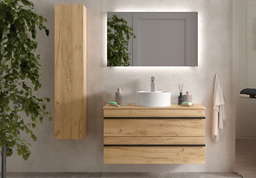 Conjunto mueble de baño con lavabo sobre encimera Born Salgar ambiente 7