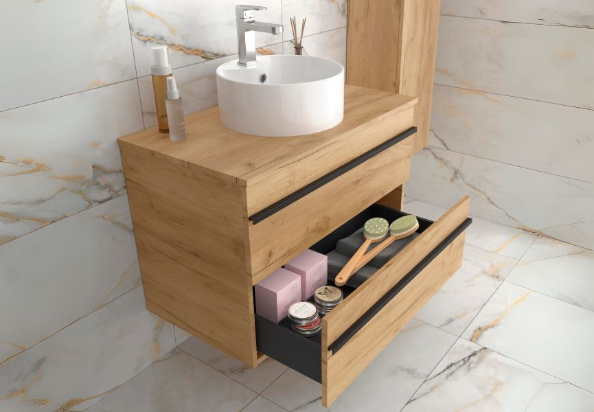 Conjunto mueble de baño con lavabo sobre encimera Born Salgar detalle 1