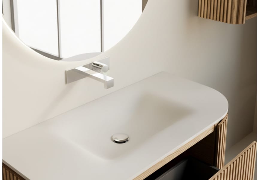 Conjunto mueble de baño 100cm de madera maciza de fresno con lavabo Solid Surface Neo Curve Bruntec detalle 5