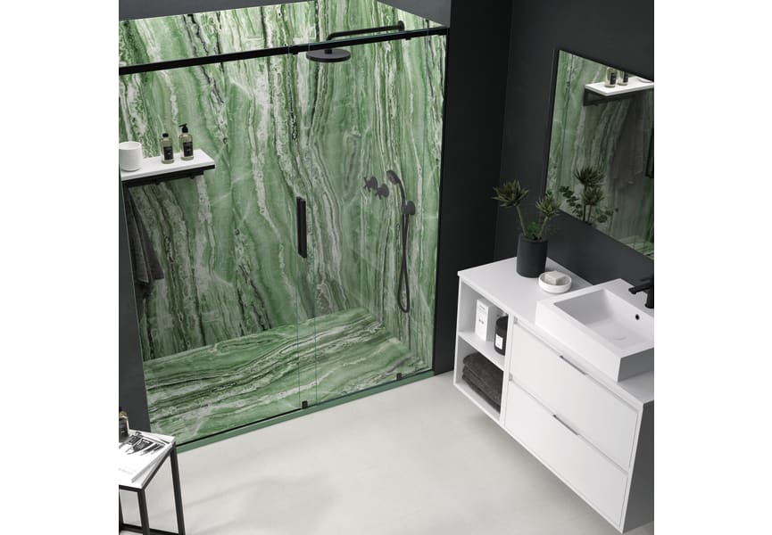 Platos de ducha de resina decorados Design 3D Marmol Travertino Bruntec ambiente 1