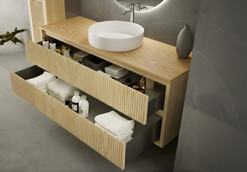 Mueble de baño madera maciza con encimera de madera Alpes 19 Bruntec detalle 2