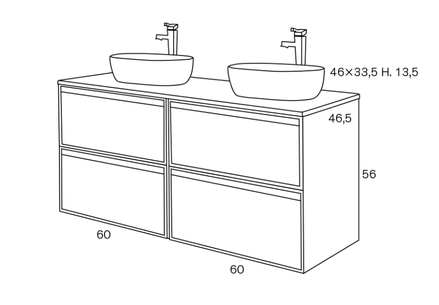 Conjunto mueble baño con encimera de madera Zama Sanchís croquis 2