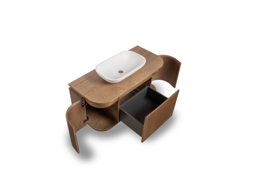 Mueble de baño madera varias medidas, maciza de fresno con encimera de madera Neo Curve Bruntec detalle 2