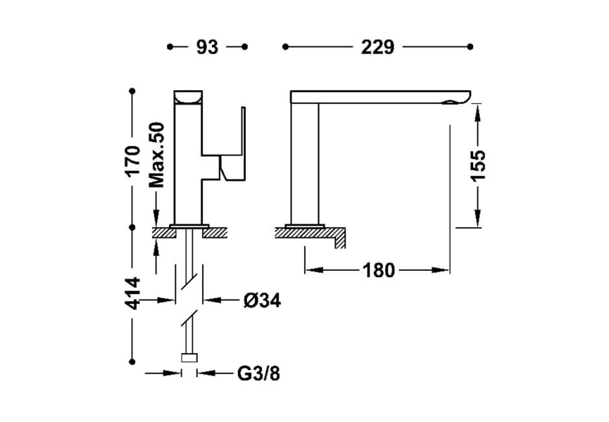 Grifo lavabo Loft Tres croquis 1