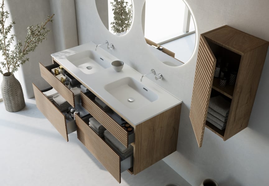 Conjunto de mueble de baño madera maciza palilleria Horizontal Alpes 7 Bruntec detalle 2