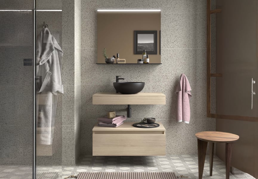 Conjunto mueble de baño con encimera del mismo color del mueble y cajonera Domus Salgar ambiente 7