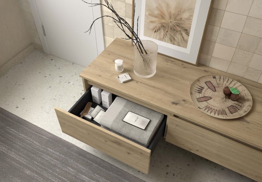 Conjunto mueble de baño con encimera del mismo color del mueble y cajonera Domus Salgar detalle 4