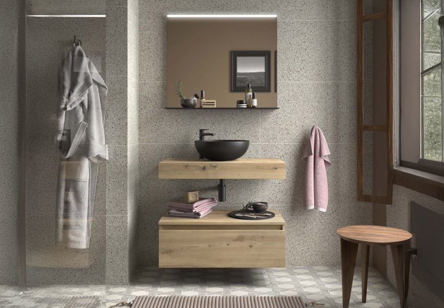 Conjunto mueble de baño con encimera del mismo color del mueble y cajonera Domus Salgar ambiente 8