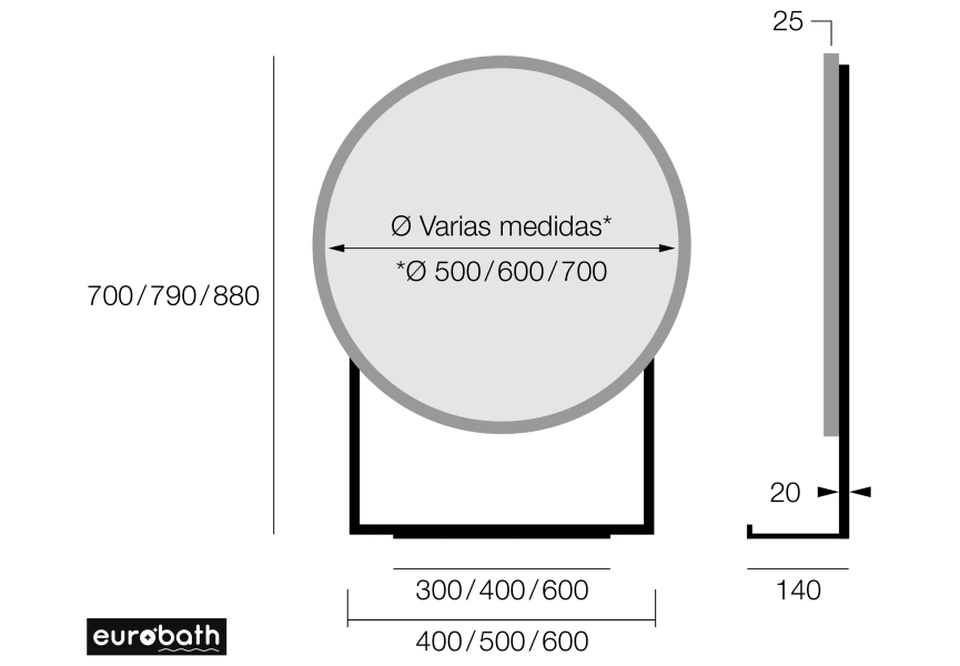 Espejo de baño Bombay Eurobath croquis 45