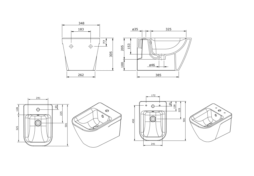 Pack inodoro suspendido + cisterna empotrada + pulsador + bide Look Unisan Sanindusa croquis 8