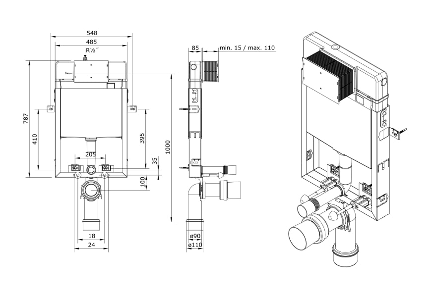 Pack inodoro suspendido + cisterna empotrada + pulsador + bide Look Unisan Sanindusa croquis 10