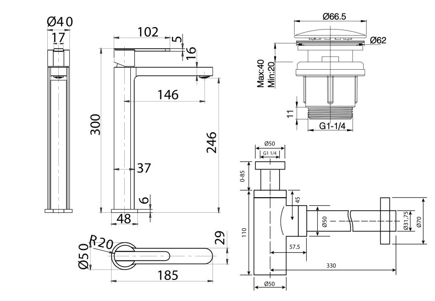 Pack Grifo de lavabo caño alto Roma Imex + Válvula click-clack + Sifón croquis 6