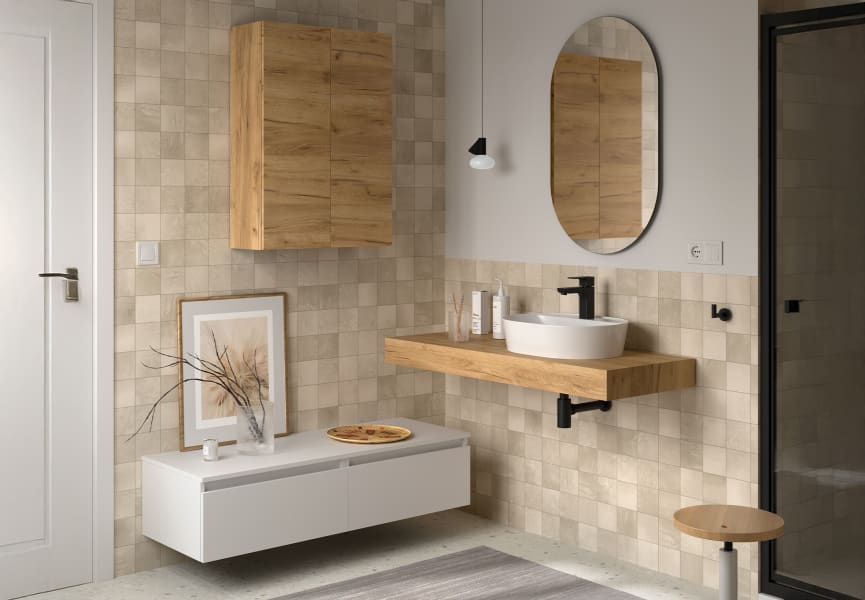 Conjunto mueble de baño con encimera roble y cajonera blanca Domus Salgar principal 0