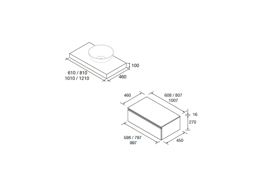Conjunto mueble de baño con encimera roble y cajonera blanca Domus Salgar croquis 1